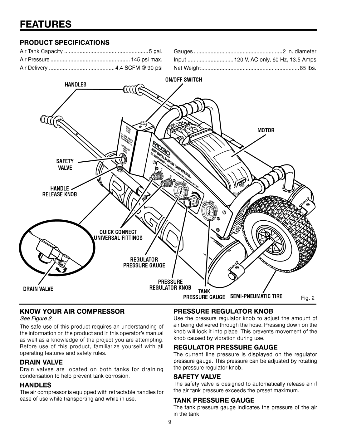 RIDGID OL50145MW manual Features, Product Specifications, Drain Valve, Regulator Pressure Gauge 