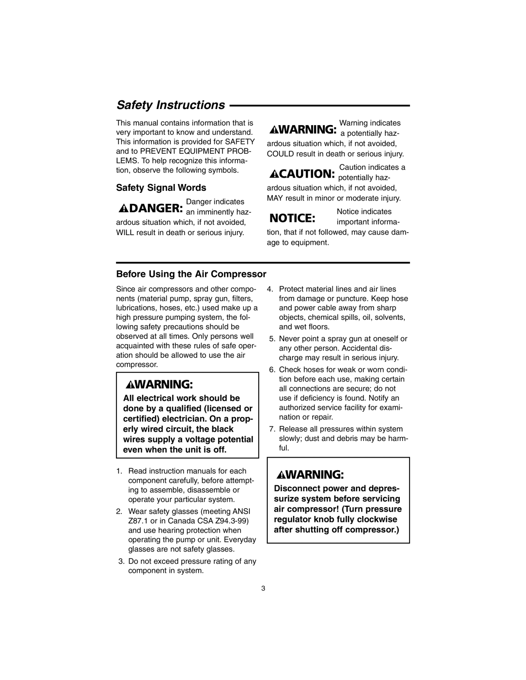 RIDGID OL90150 manual Safety Instructions, Safety Signal Words, Before Using the Air Compressor 