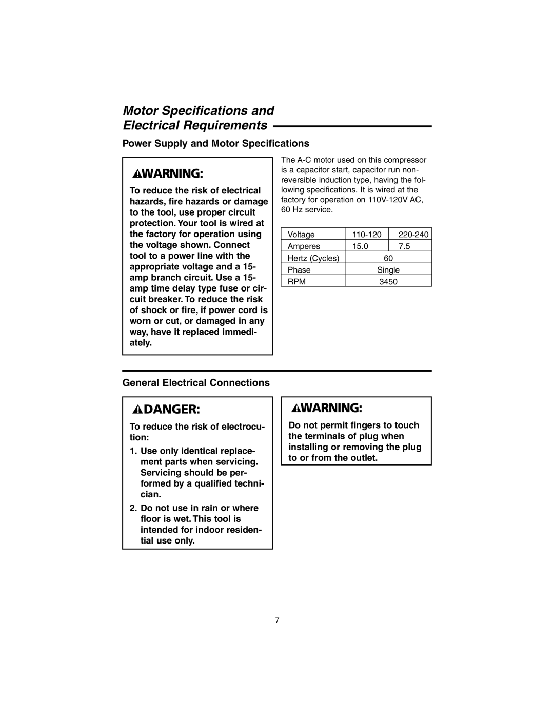 RIDGID OL90150 manual Power Supply and Motor Specifications, General Electrical Connections 