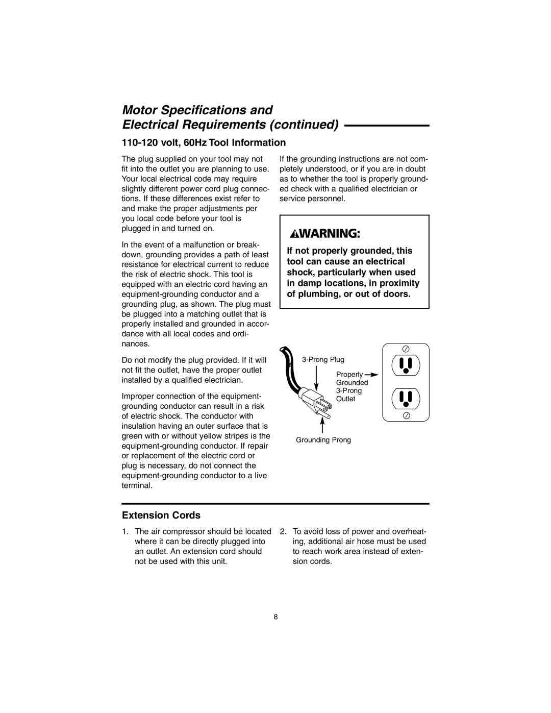 RIDGID OL90150 manual Motor Specifications Electrical Requirements, Volt, 60Hz Tool Information, Extension Cords 