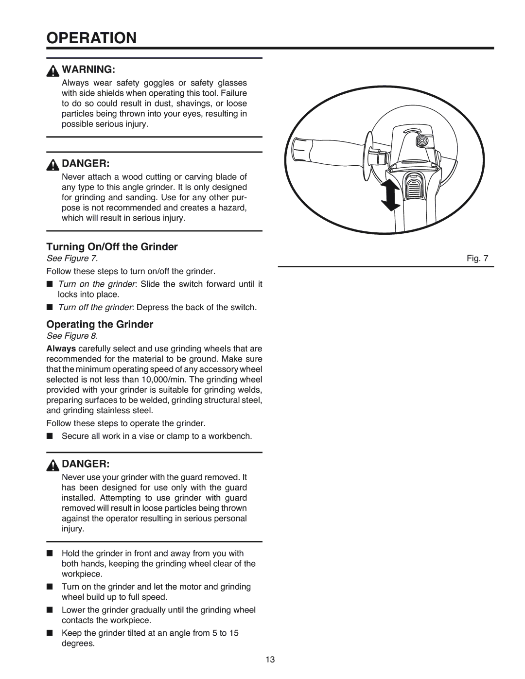 RIDGID R1000 manual Operation, Turning On/Off the Grinder, Operating the Grinder 