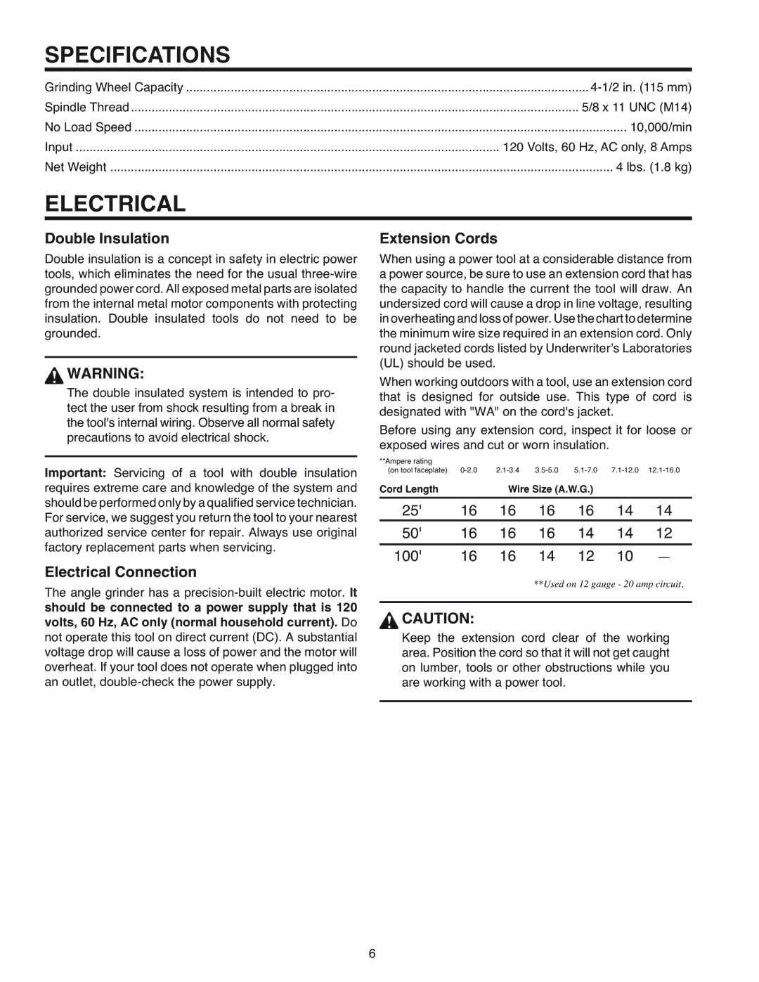 RIDGID R1000 manual Specifications, Double Insulation, Electrical Connection, Extension Cords 