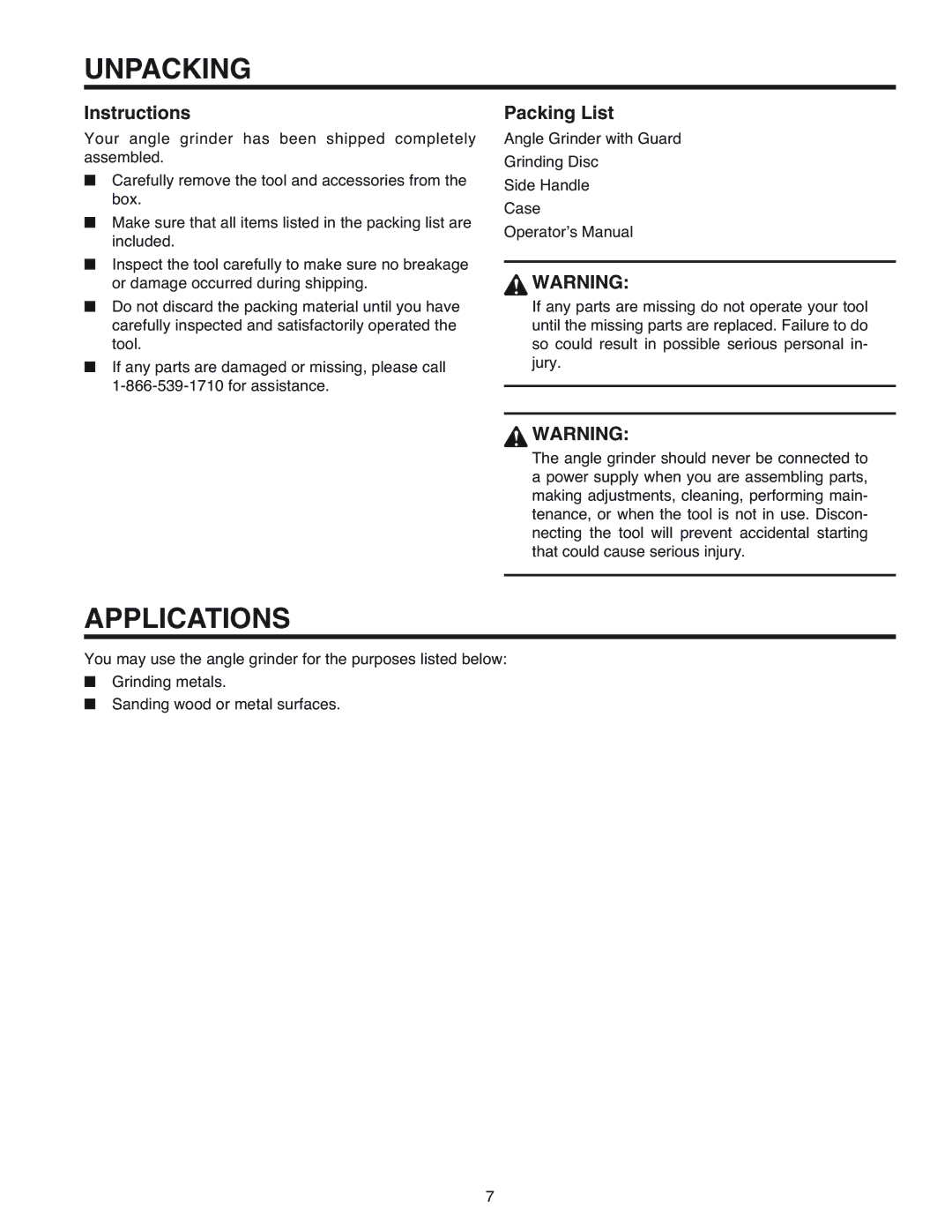 RIDGID R1000 manual Unpacking, Applications, Instructions, Packing List 