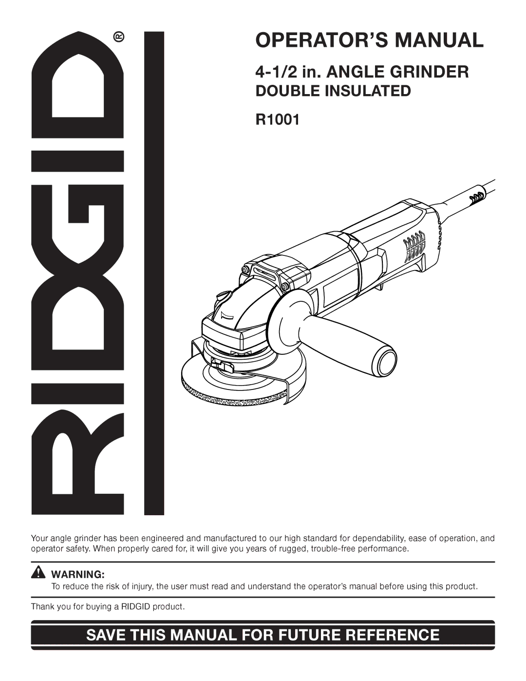 RIDGID R1001 manual OPERATOR’S Manual, Double Insulated 