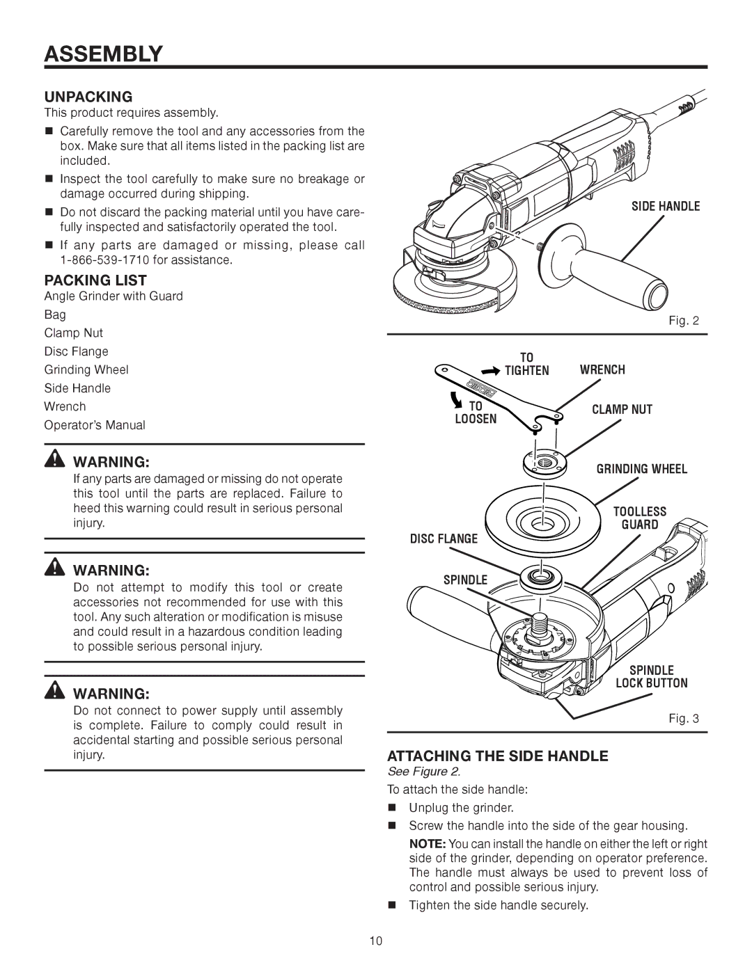 RIDGID R1001 manual Assembly, Unpacking, Packing List, Attaching the Side Handle 