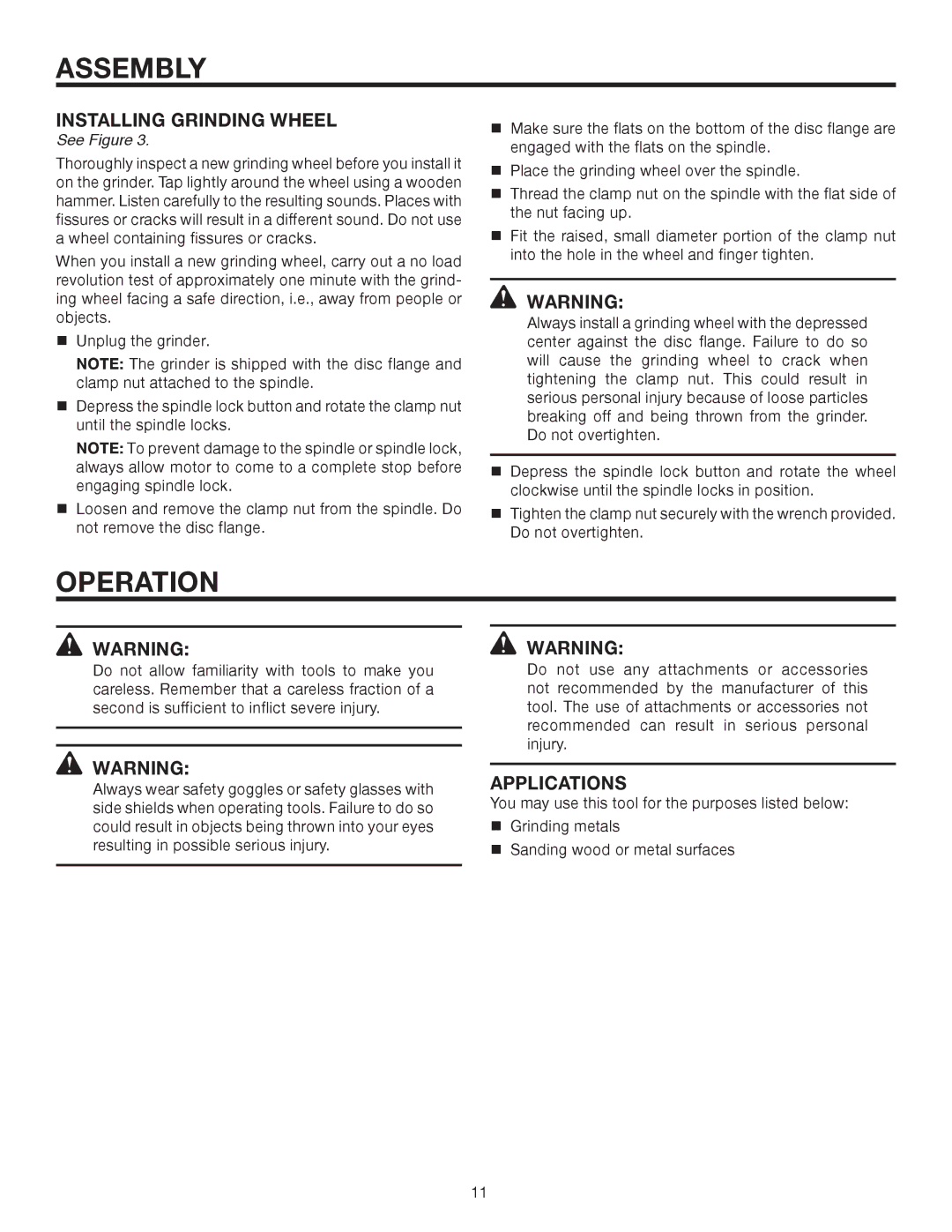 RIDGID R1001 manual Operation, Installing Grinding Wheel, Applications 