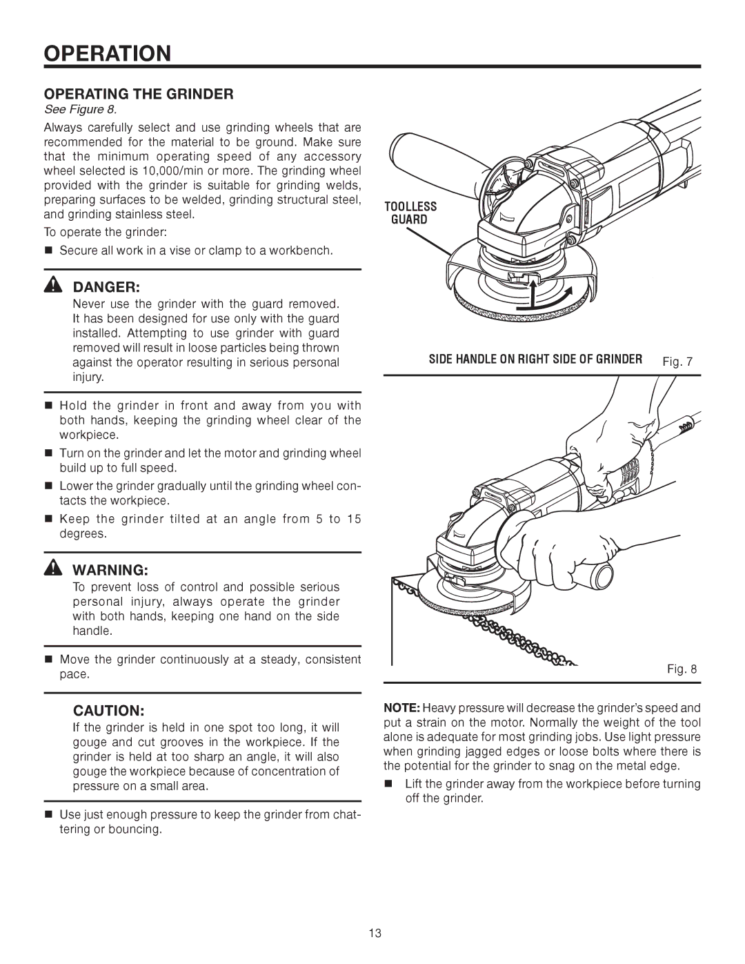 RIDGID R1001 manual Operating the Grinder, Toolless Guard 