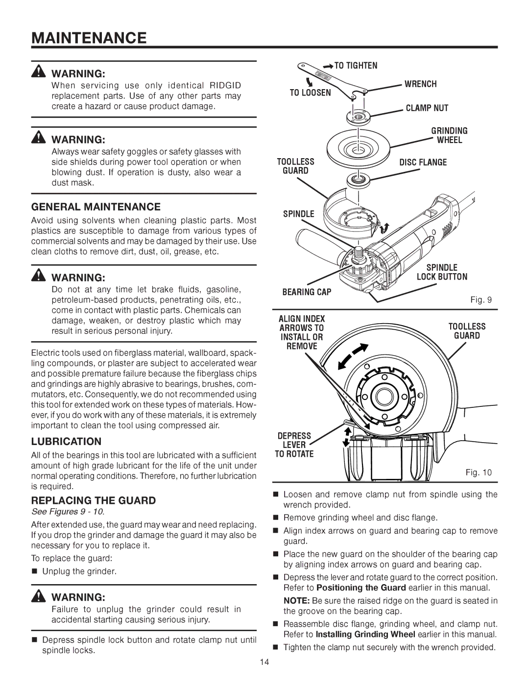 RIDGID R1001 manual General Maintenance, Lubrication, Replacing the Guard 