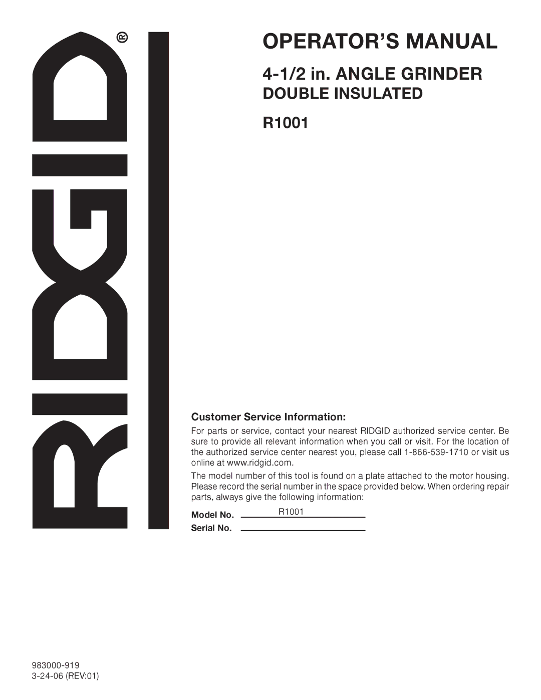 RIDGID R1001 manual Customer Service Information 