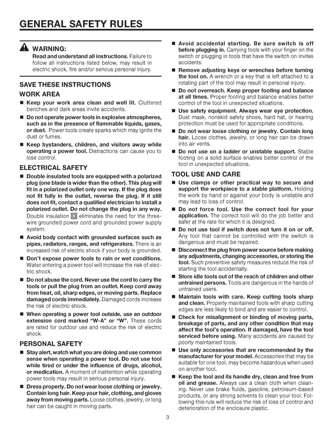 RIDGID R1001 manual General Safety Rules, Work Area, Electrical Safety, Personal Safety, Tool USE and Care 