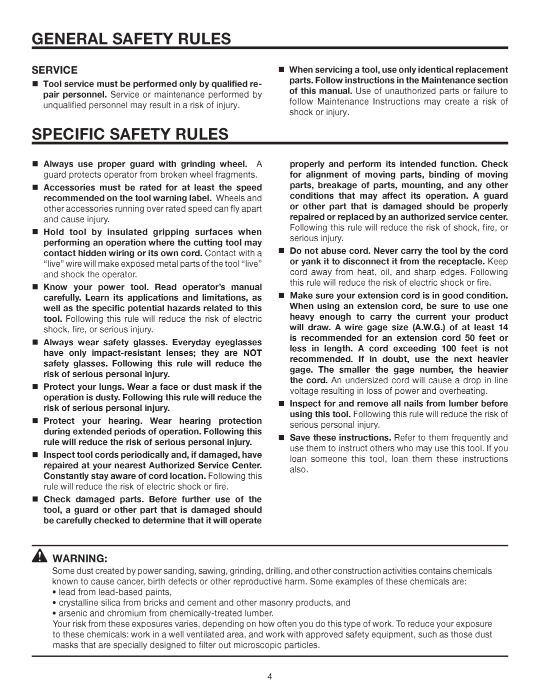 RIDGID R1001 manual Specific Safety Rules, Service 