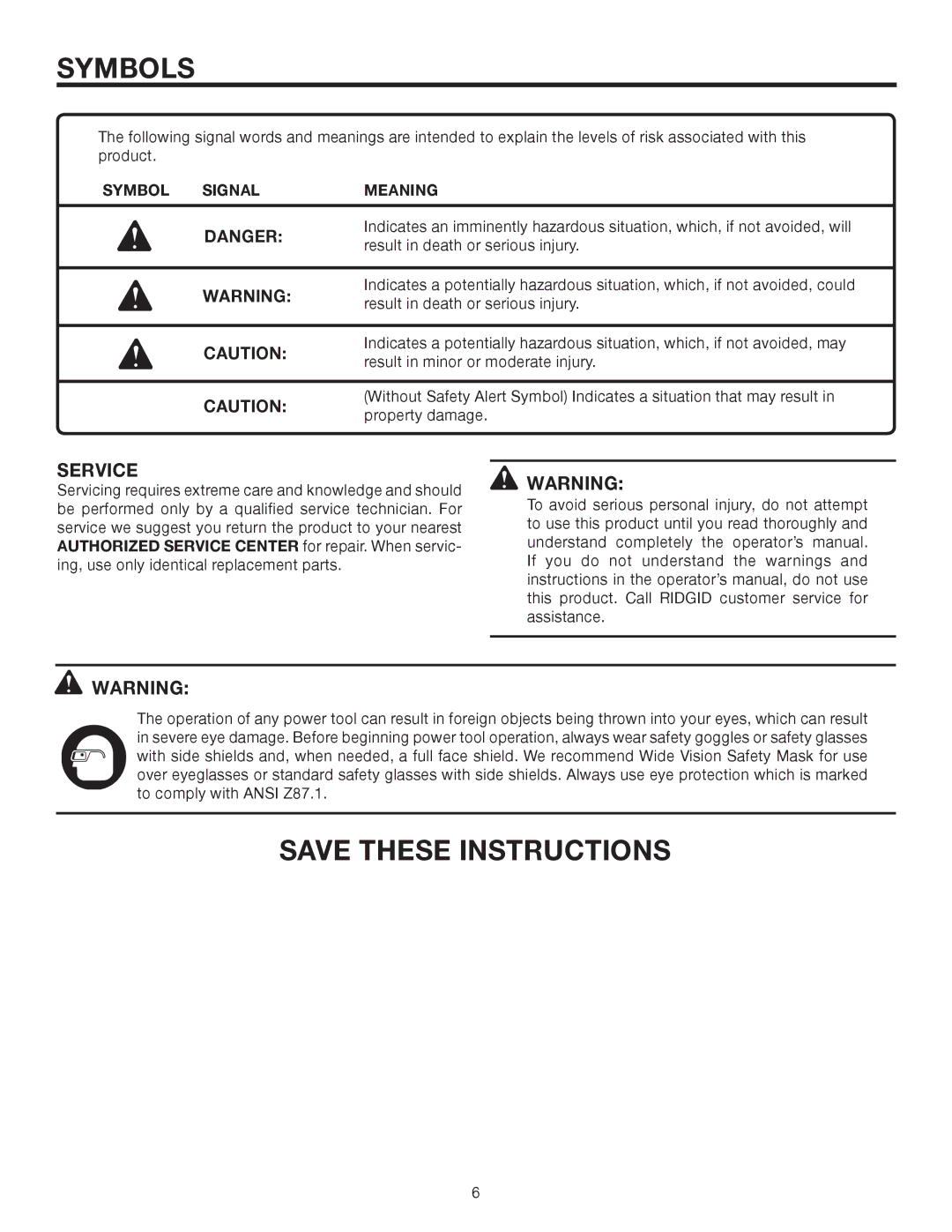 RIDGID R1001 manual Symbol Signal Meaning 