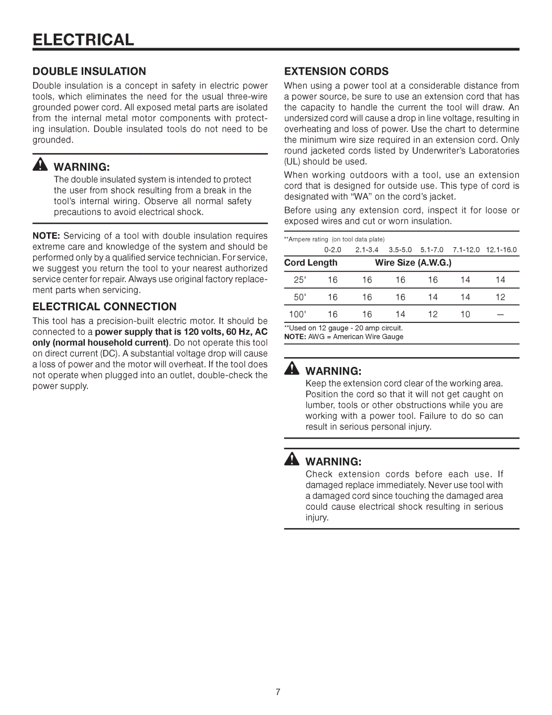 RIDGID R1001 manual Double Insulation, Electrical Connection, Extension Cords 