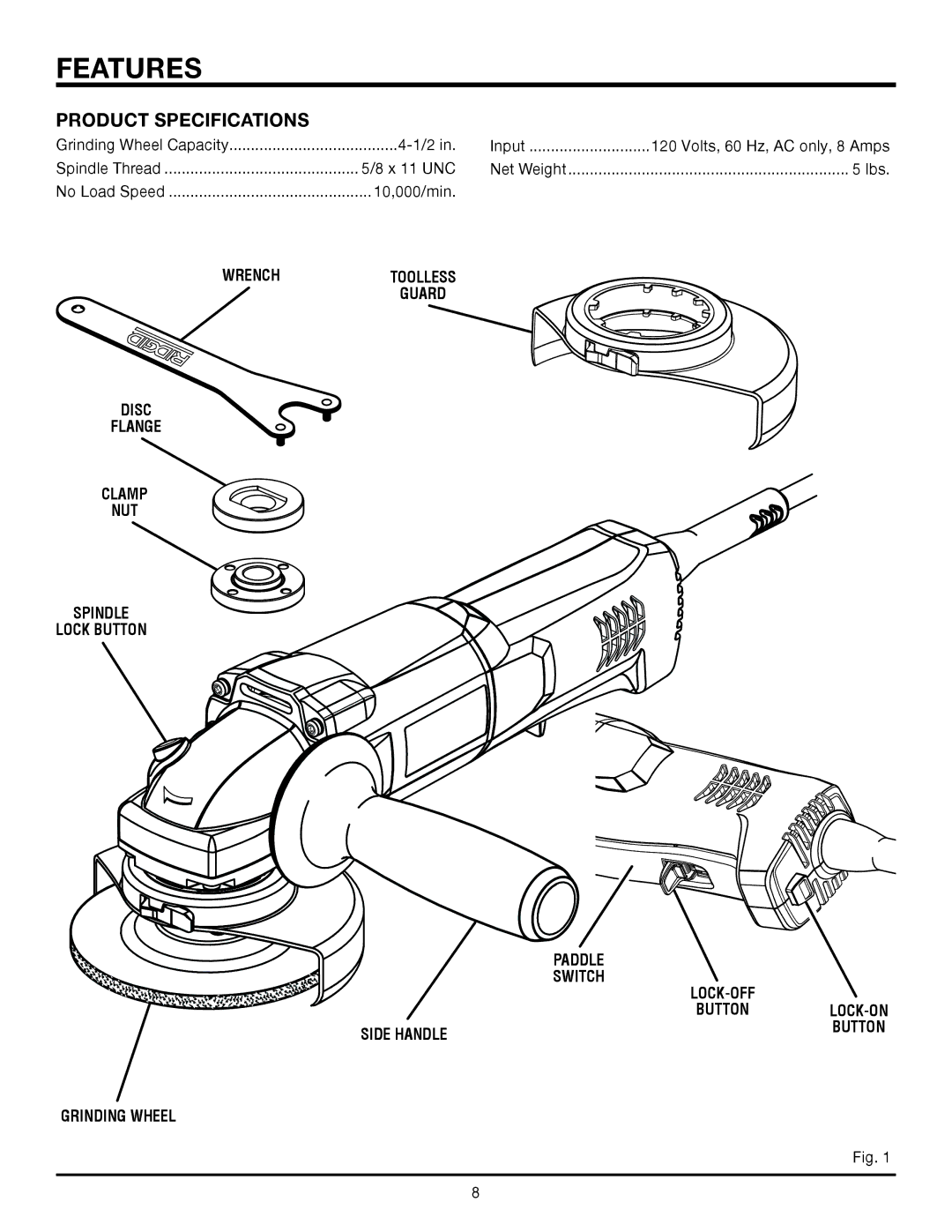 RIDGID R1001 manual Features, Product Specifications 