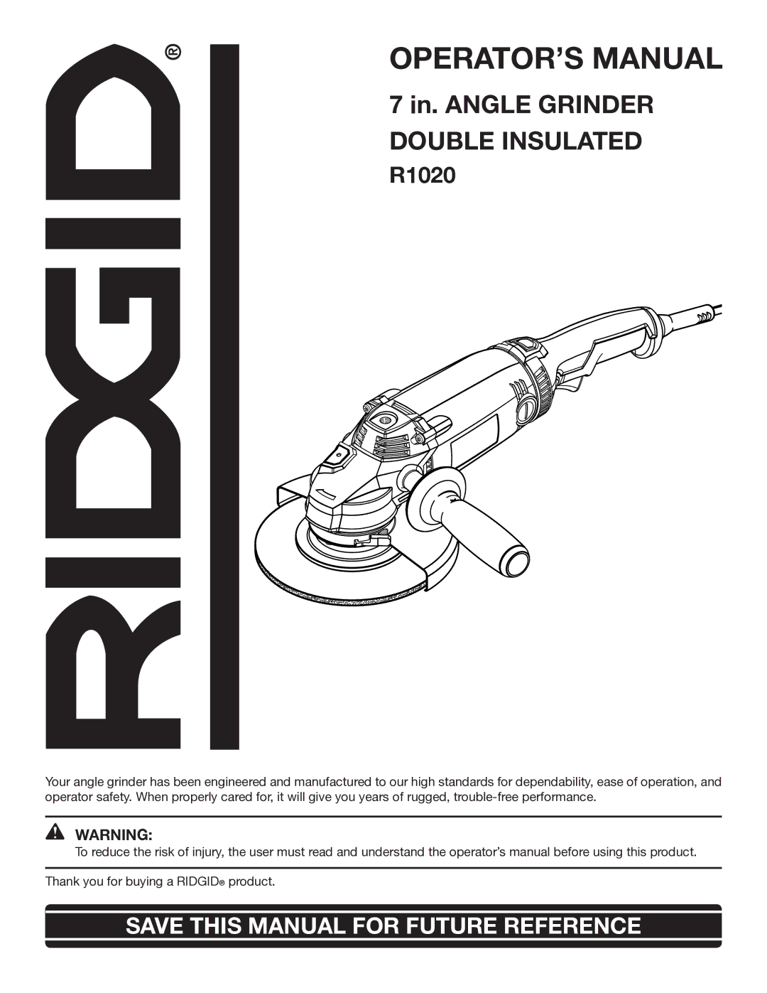 RIDGID R1020 manual OPERATOR’S Manual 