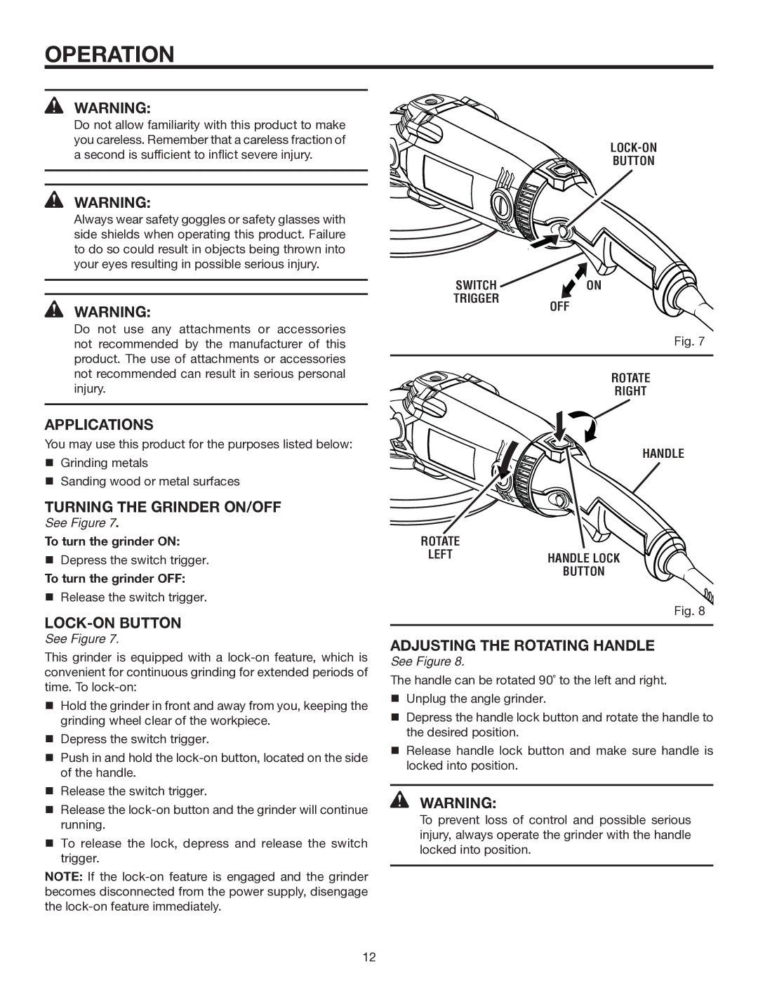 RIDGID R1020 manual Operation, Applications, Turning the Grinder On/Off, Adjusting the rotating handle 