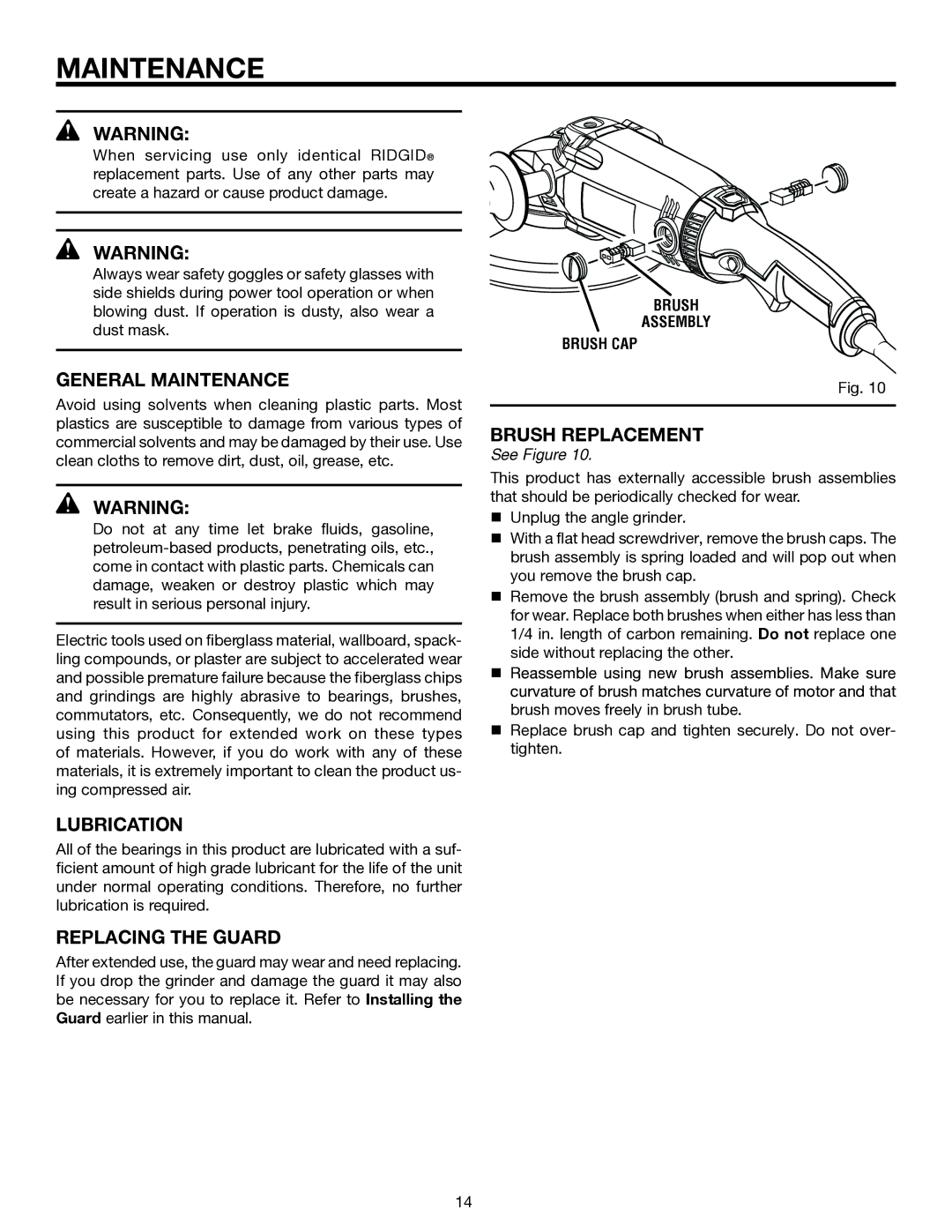 RIDGID R1020 manual General Maintenance, Lubrication, Replacing the Guard, Brush Replacement 