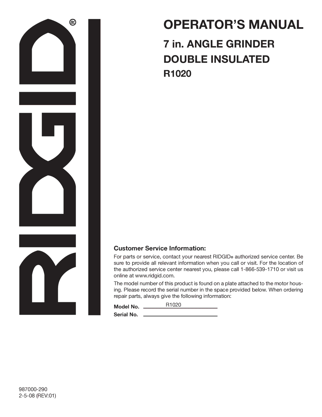 RIDGID R1020 manual Customer Service Information 