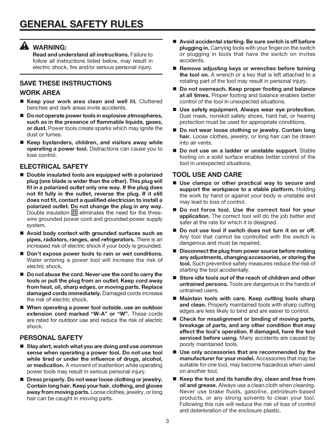 RIDGID R1020 manual General Safety Rules, Work Area, Electrical Safety, Personal Safety, Tool USE and Care 