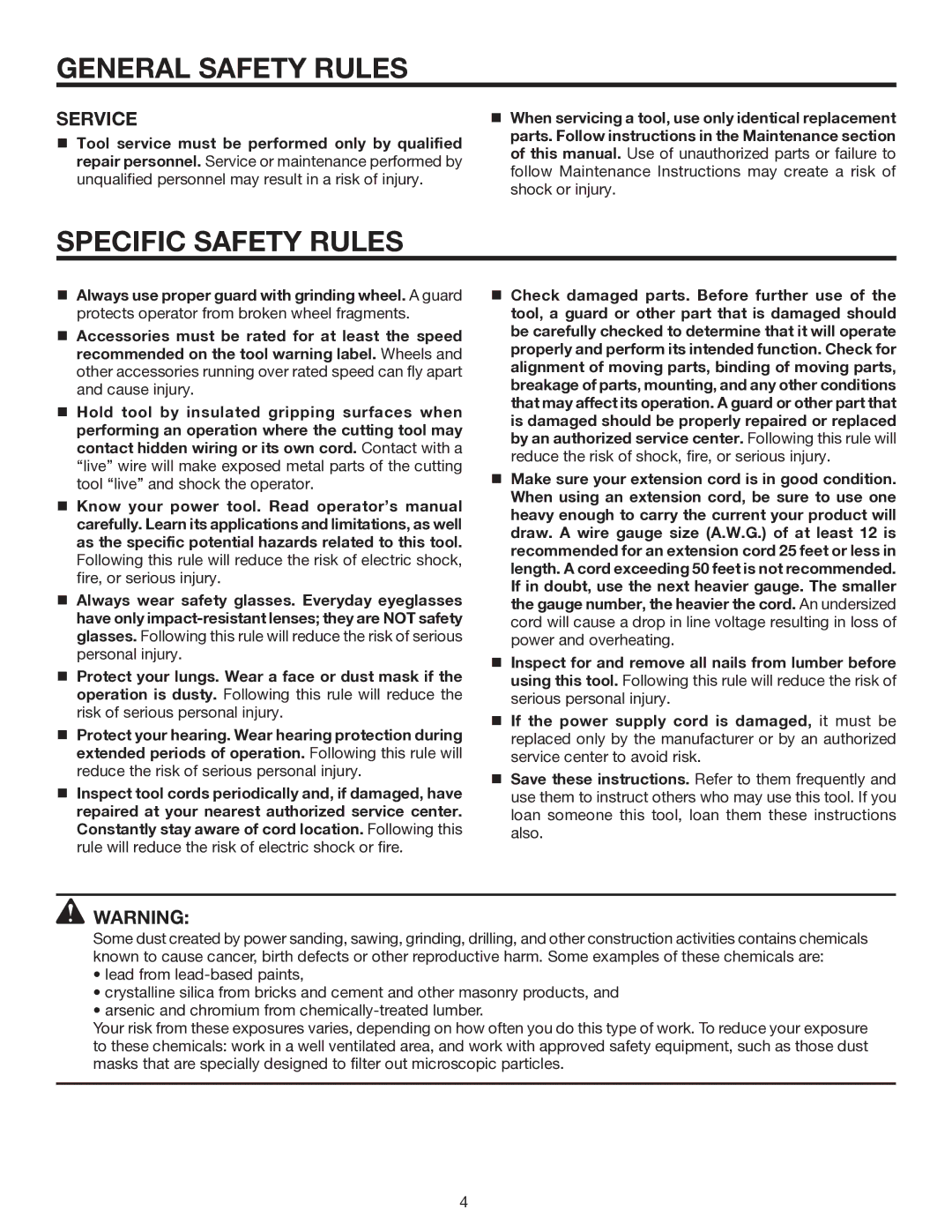 RIDGID R1020 manual Specific Safety Rules, Service 