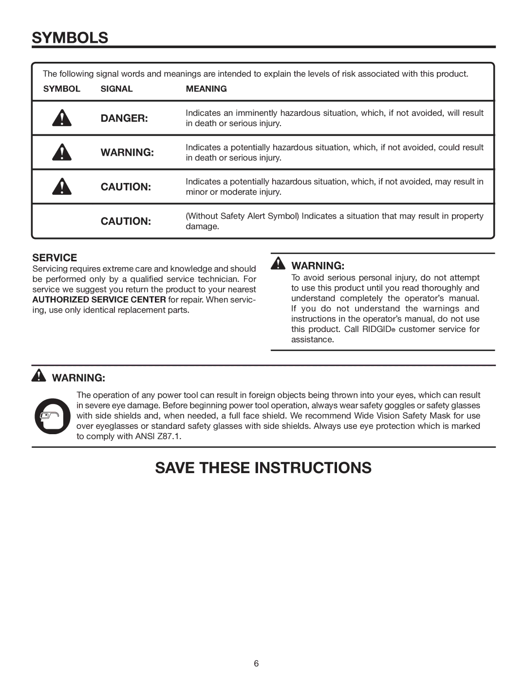 RIDGID R1020 manual Symbol Signal Meaning 