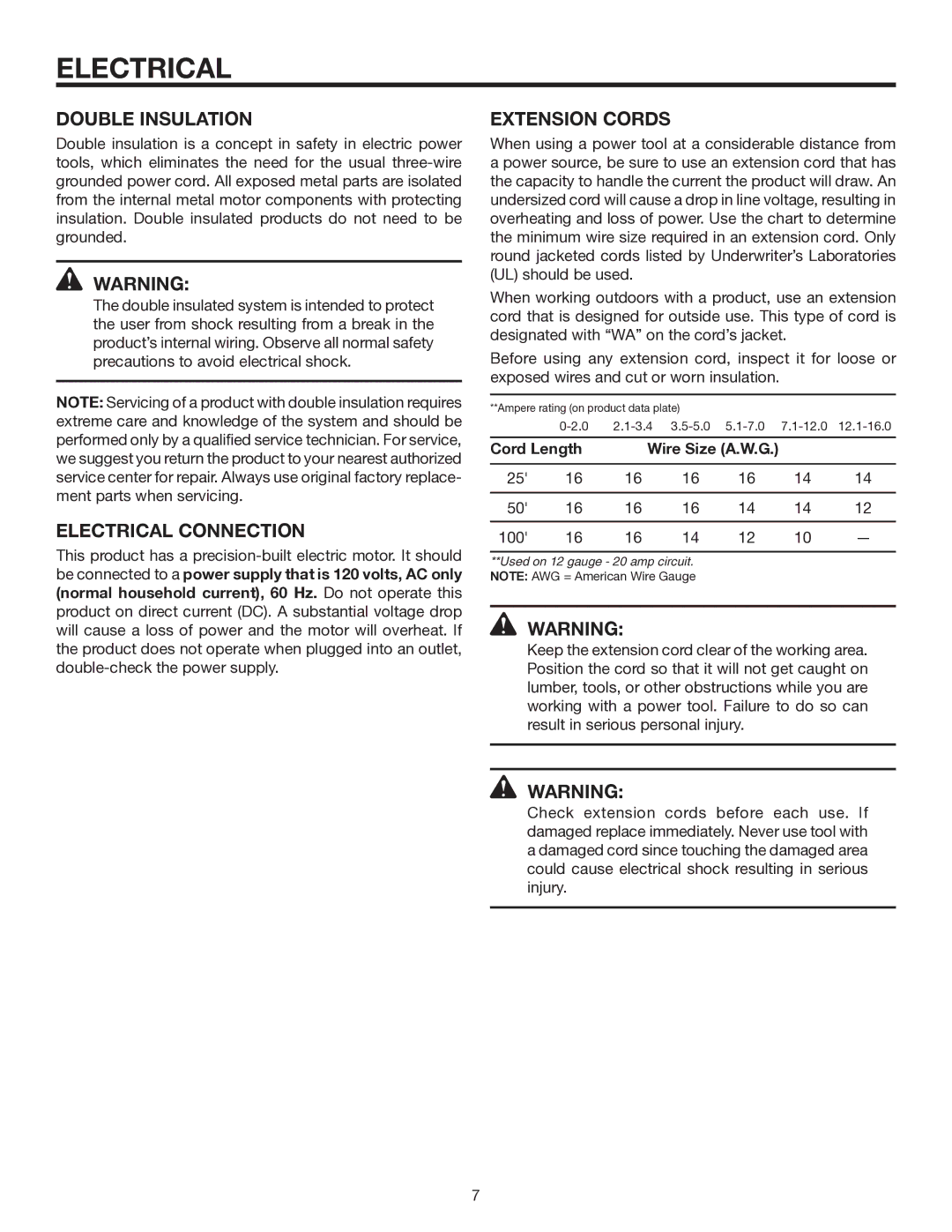 RIDGID R1020 manual Double Insulation, Electrical Connection, Extension Cords 