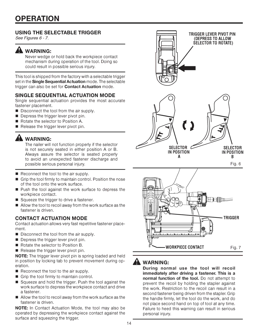 RIDGID R150FSA manual Using the Selectable Trigger, Single Sequential Actuation Mode, Contact Actuation Mode 