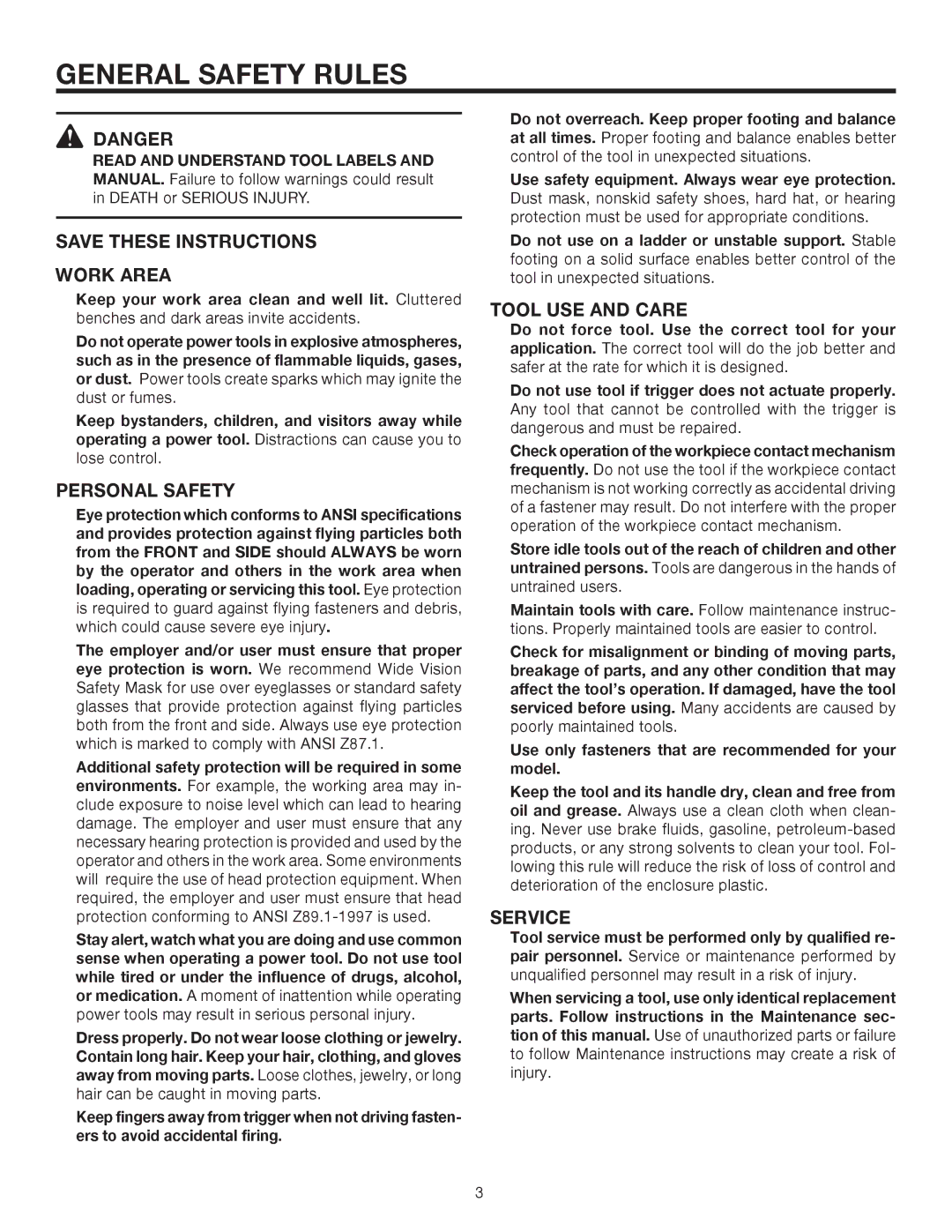 RIDGID R150FSA manual General Safety Rules, Work Area, Personal Safety, Tool USE and Care, Service 