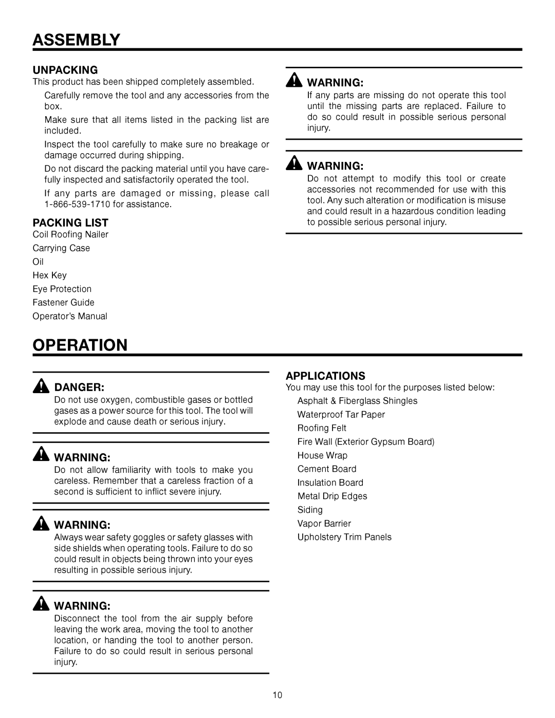 RIDGID R175RNA manual Assembly, Operation, Unpacking, Packing List, Applications 