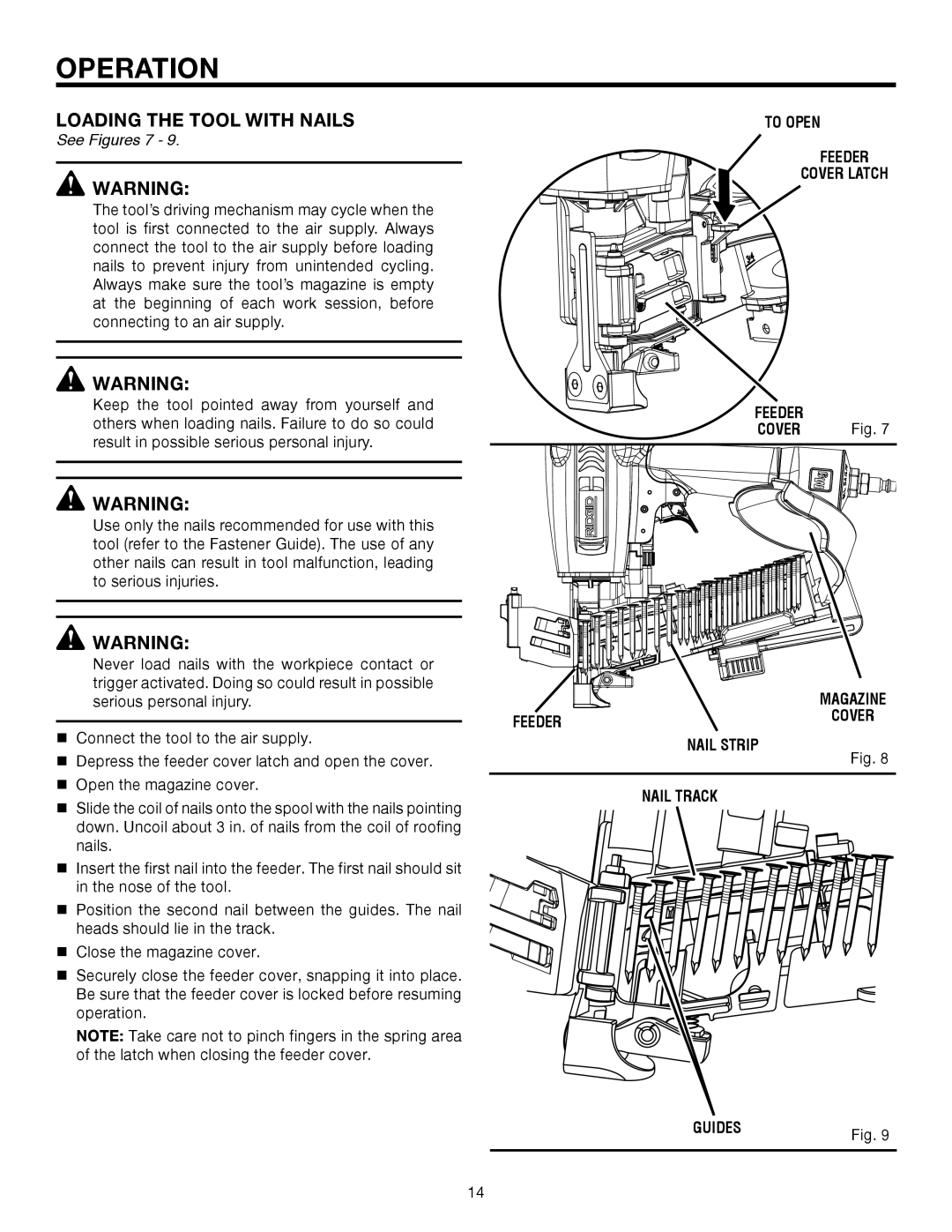 RIDGID R175RNA manual Loading the Tool with Nails, See Figures 7 