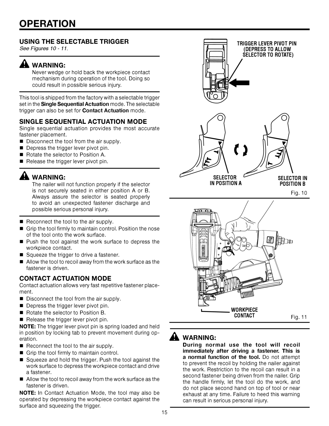 RIDGID R175RNA Using the Selectable Trigger, Single Sequential Actuation Mode, Contact Actuation Mode, See Figures 10 