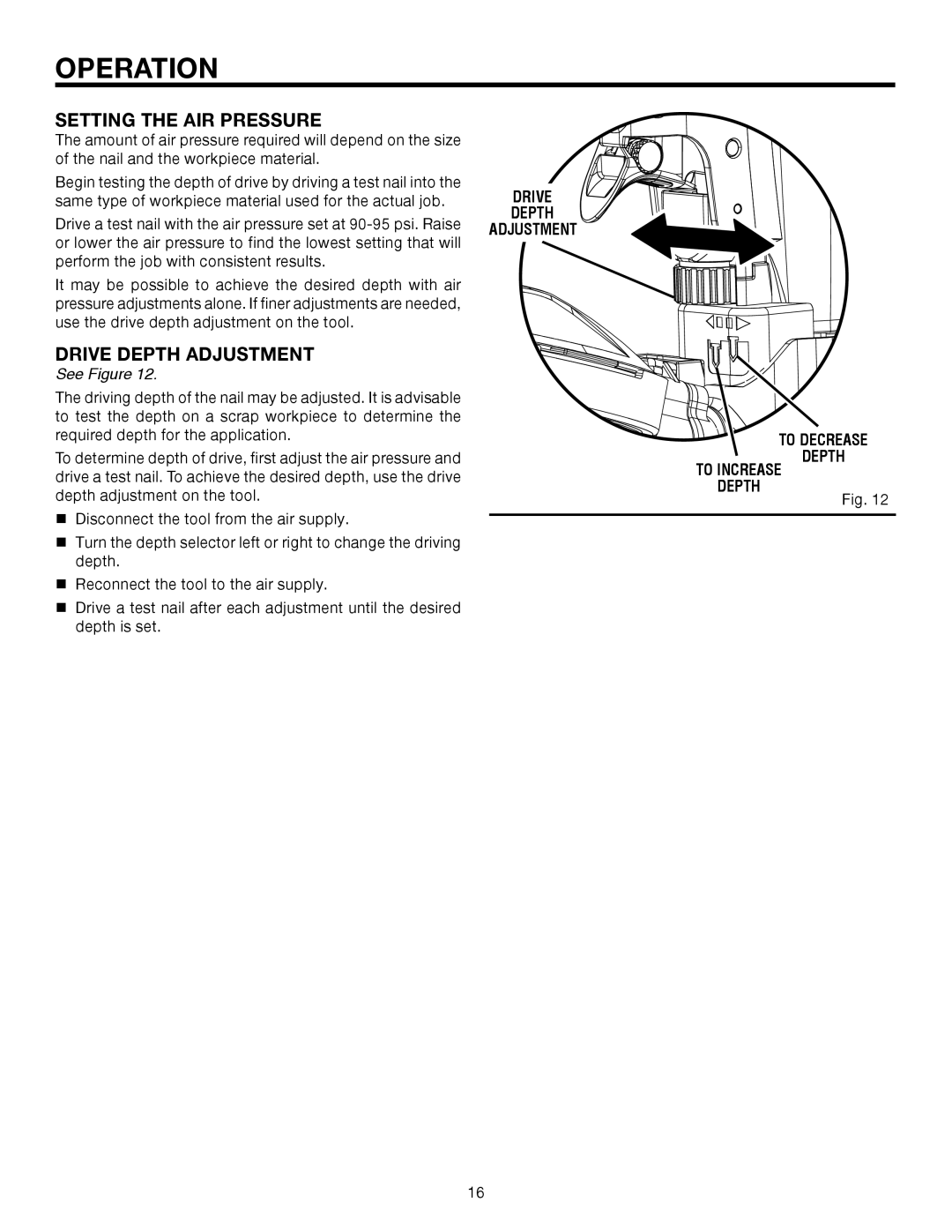 RIDGID R175RNA manual Setting the AIR Pressure, Drive Depth Adjustment 