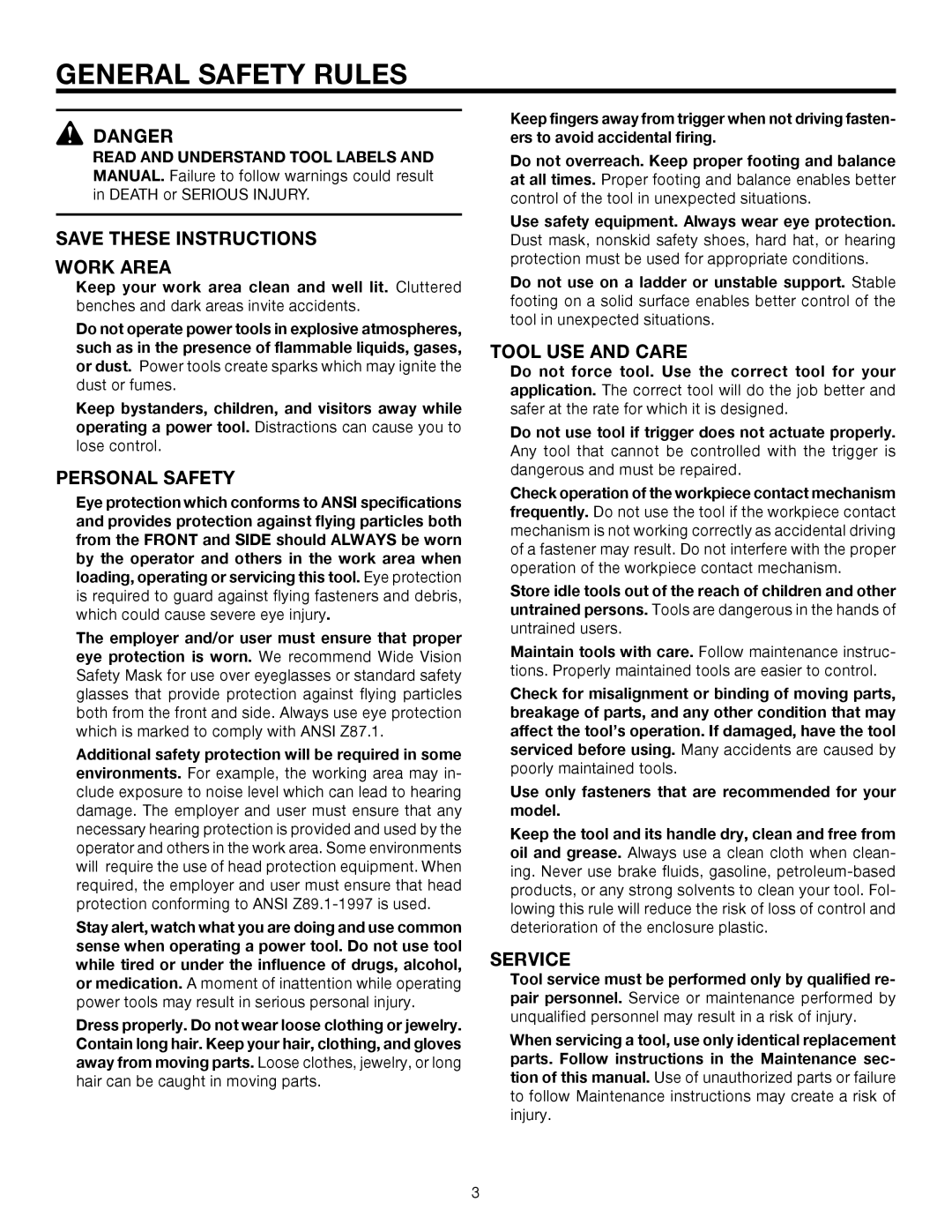 RIDGID R175RNA manual General Safety Rules, Work Area, Personal Safety, Tool USE and Care, Service 