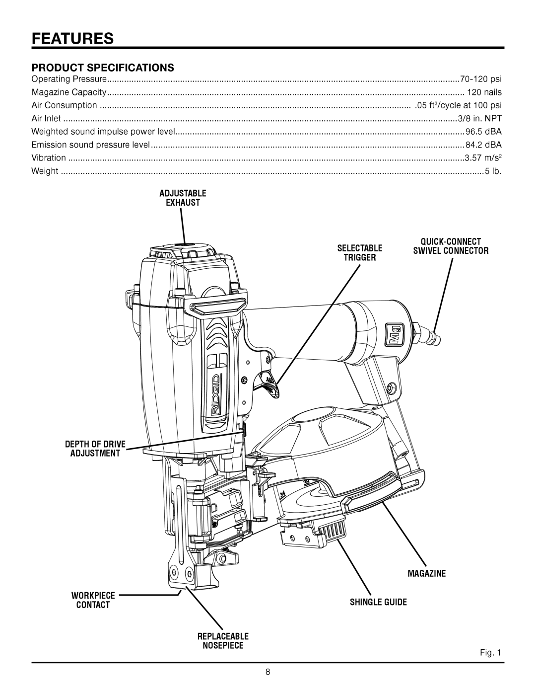 RIDGID R175RNA manual Features, Product Specifications 