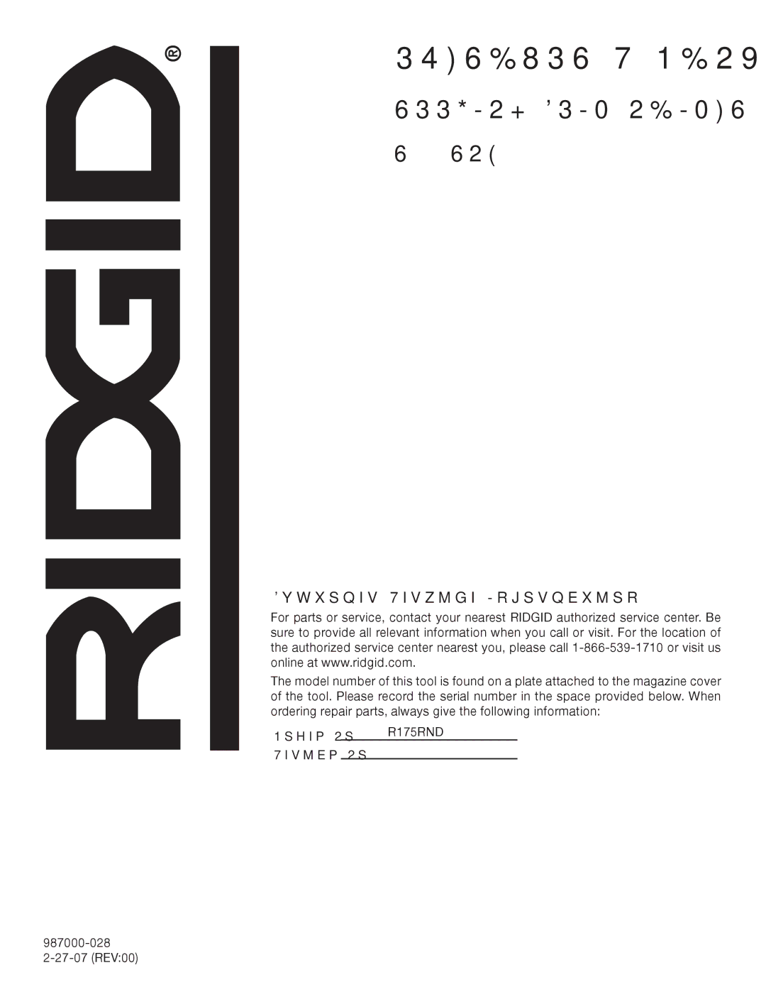 RIDGID R175RND manual Customer Service Information 