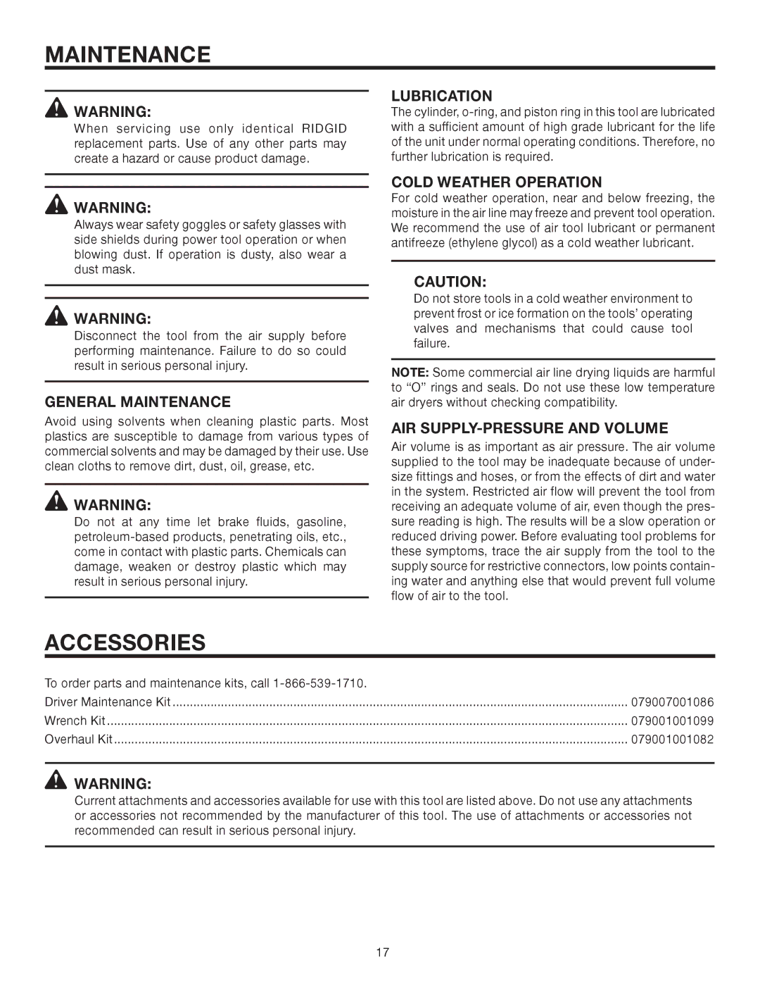 RIDGID R213BNA manual Maintenance, Accessories 