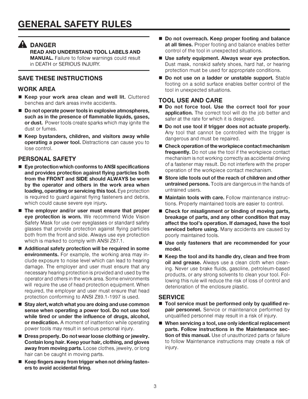 RIDGID R213BNA manual General Safety Rules, Work Area, Personal Safety, Tool USE and Care, Service 