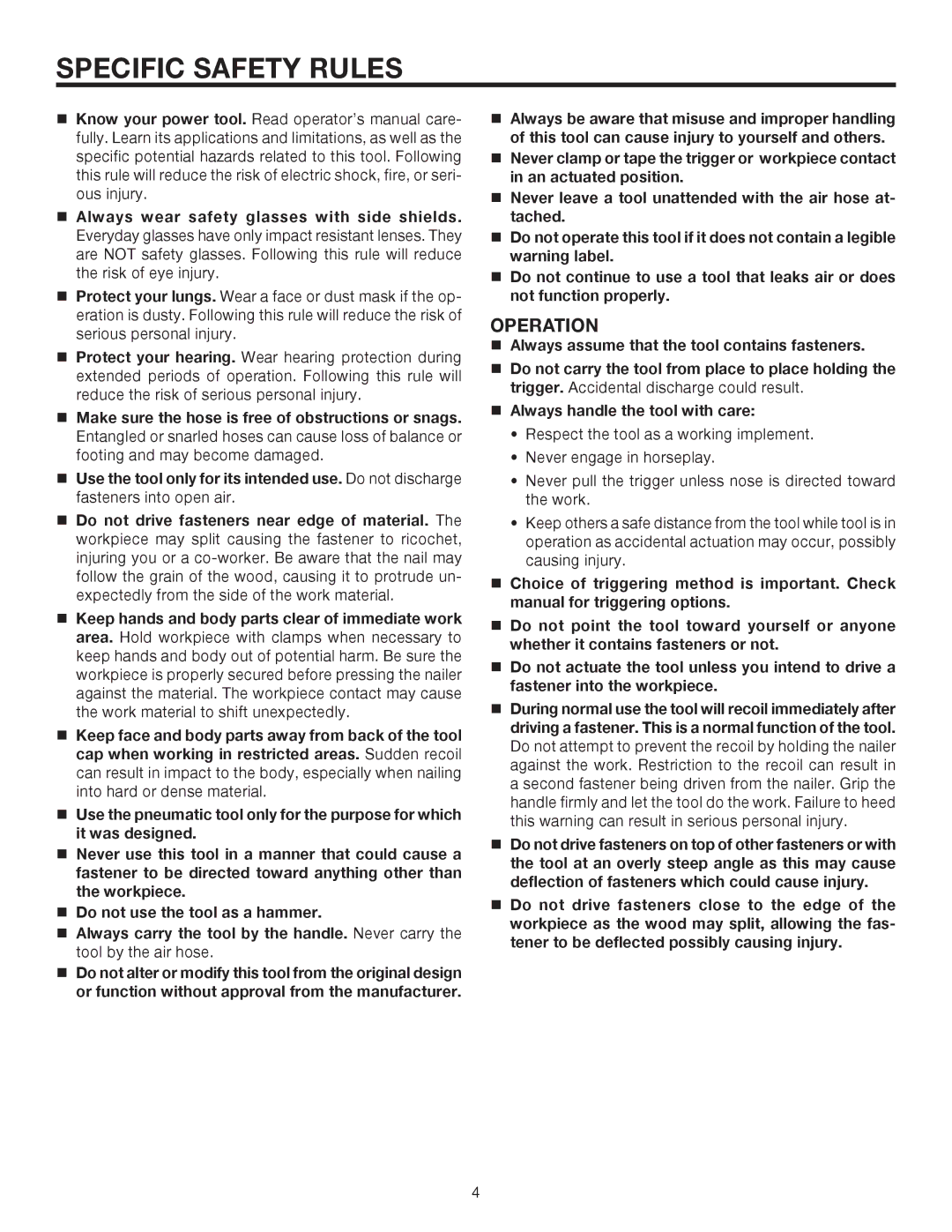 RIDGID R213BNA manual Specific Safety Rules, Operation 