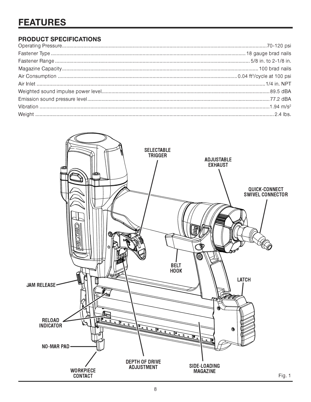 RIDGID R213BNA manual Features, Product Specifications 