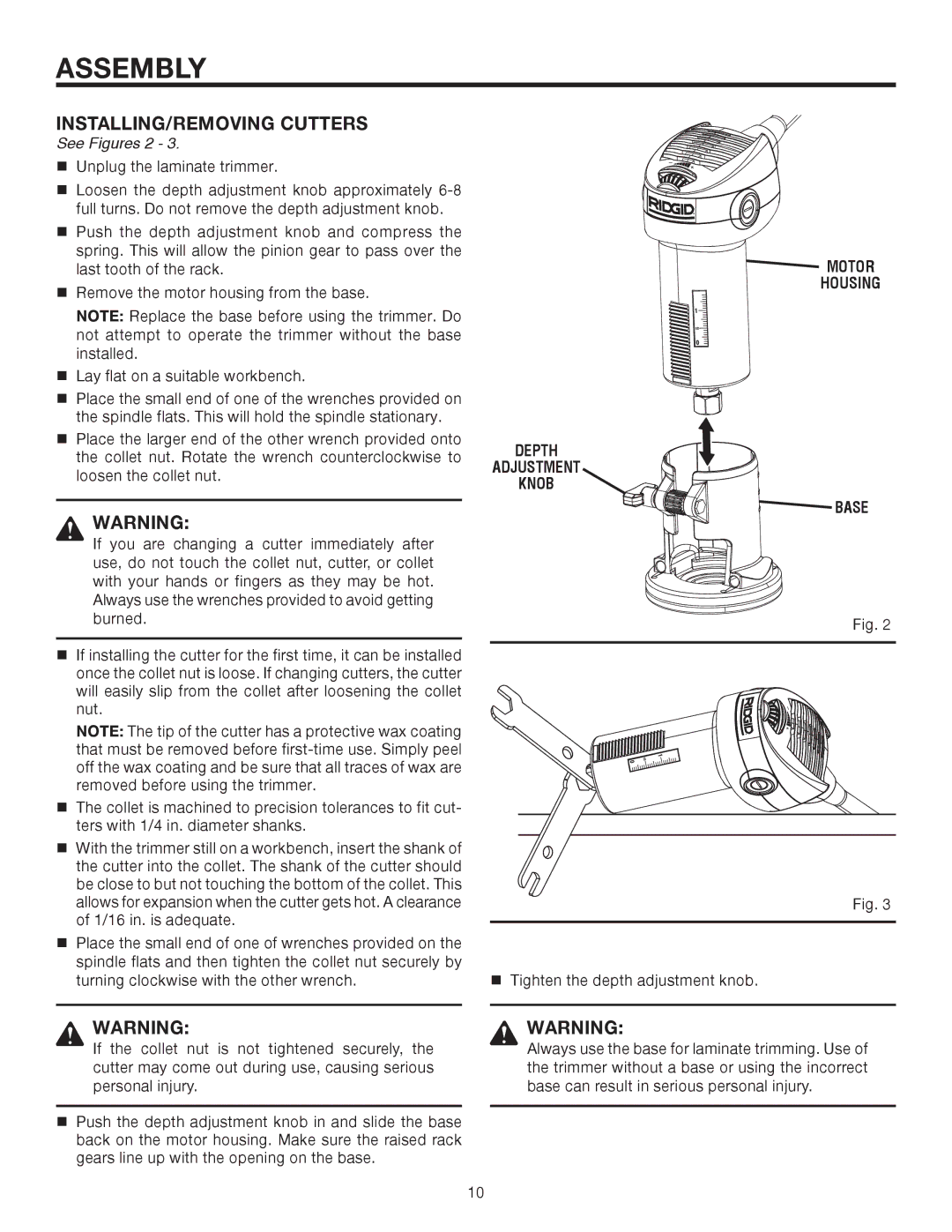 RIDGID R2400 manual INSTALLING/REMOVING Cutters, See Figures 2, Motor Housing, Base 