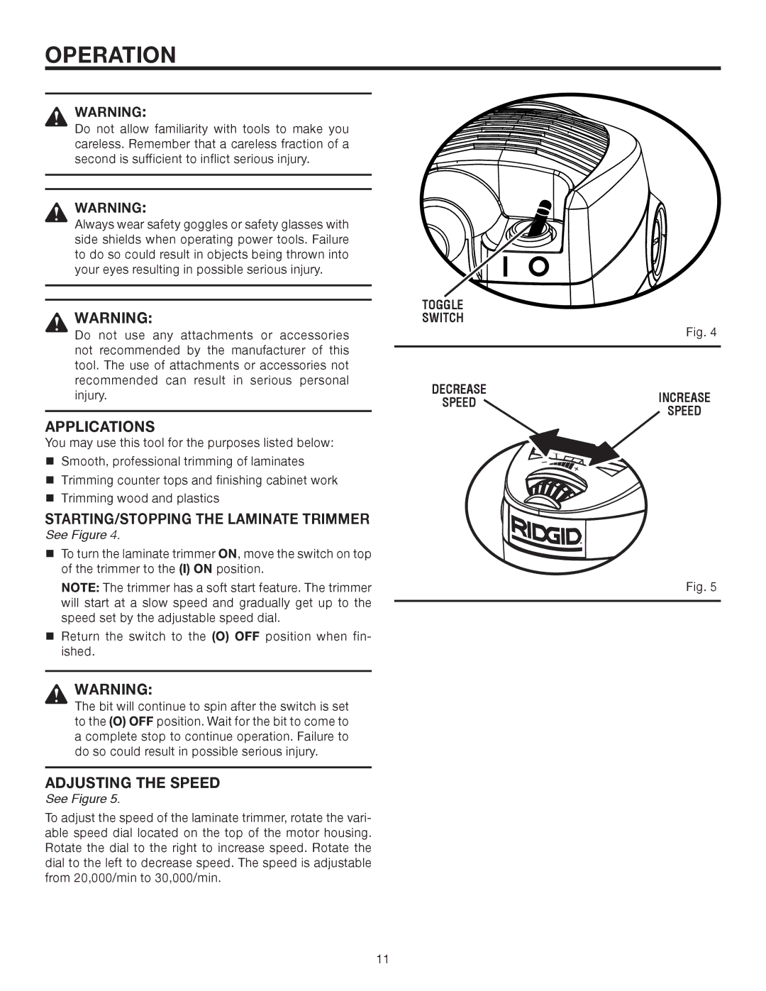 RIDGID R2400 manual Operation, Applications, STARTING/STOPPING the Laminate Trimmer, Adjusting the Speed 