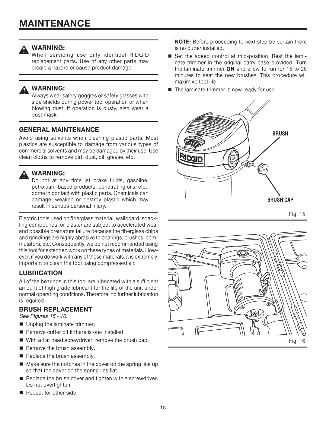 RIDGID R2400 manual General Maintenance, Lubrication, Brush Replacement, See Figures 15 