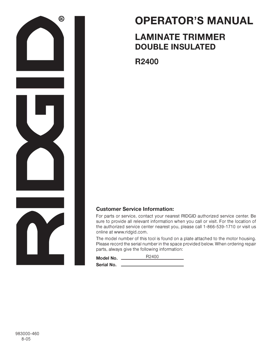 RIDGID R2400 manual Customer Service Information 