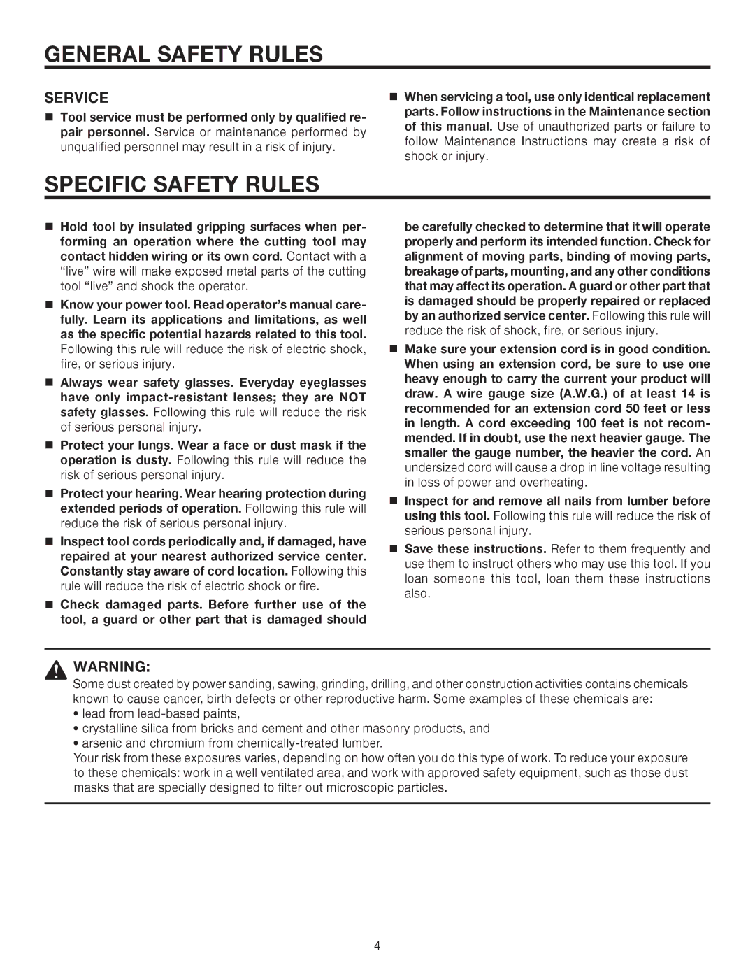 RIDGID R2400 manual Specific Safety Rules, Service 