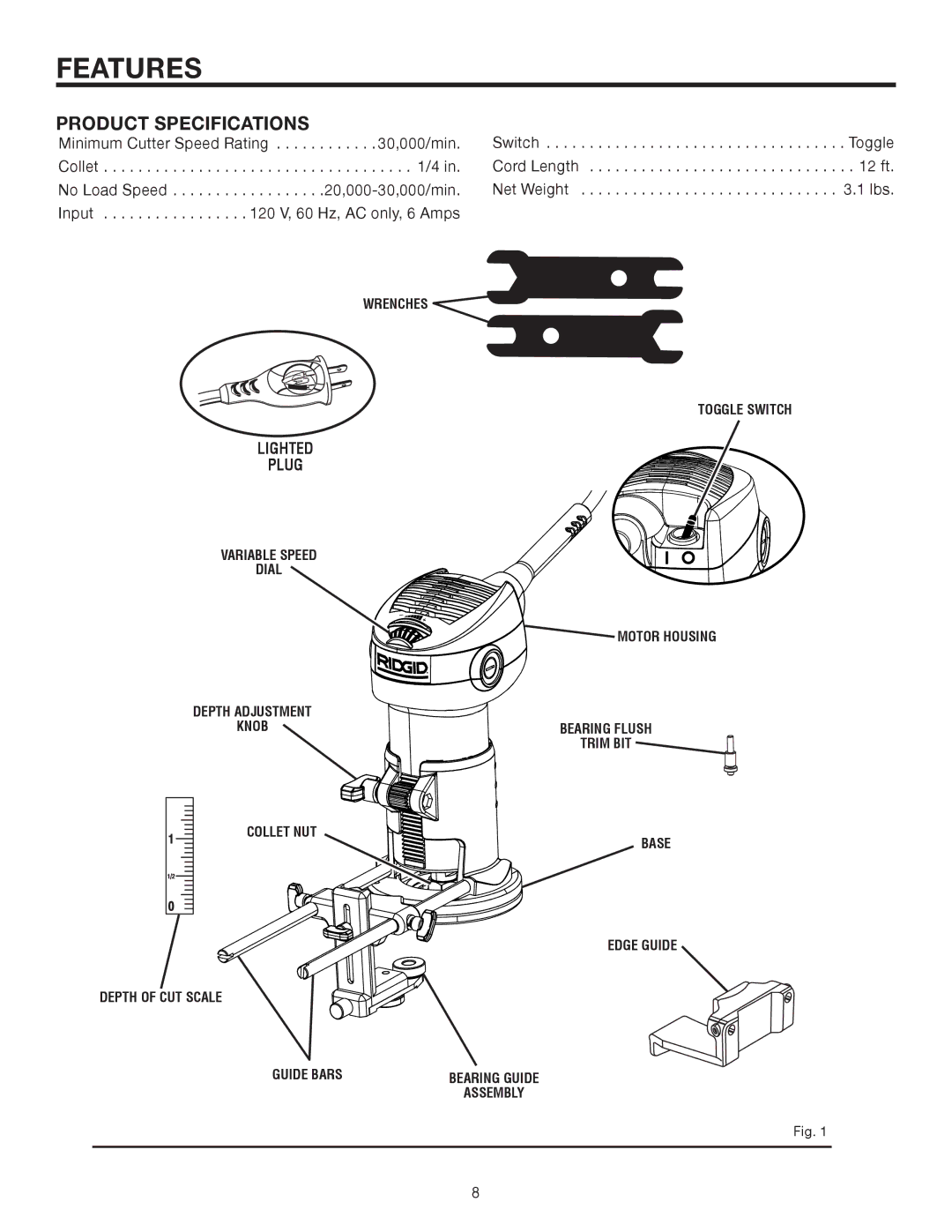 RIDGID R2400 manual Features, Product Specifications, Lighted Plug 