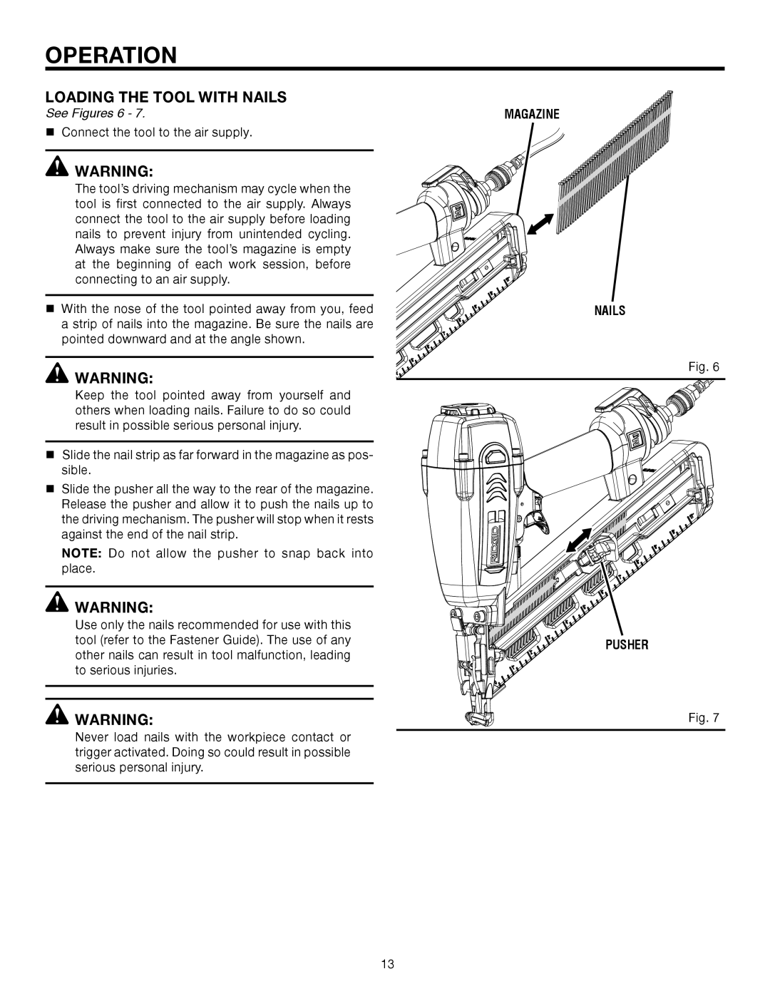 RIDGID R250AFA manual Loading the Tool with Nails, See Figures 6 