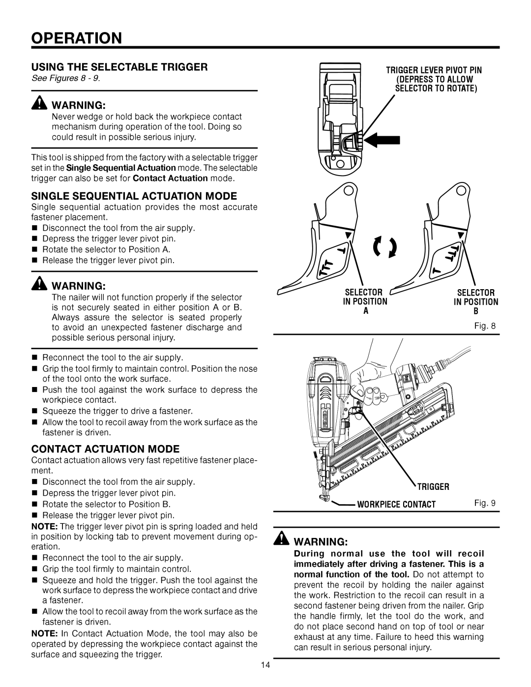 RIDGID R250AFA manual Using the Selectable Trigger, Single Sequential Actuation Mode, Contact Actuation Mode 