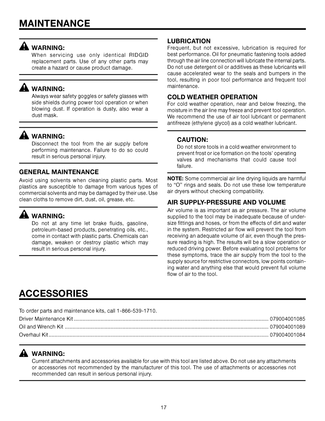 RIDGID R250AFA manual Maintenance, Accessories 