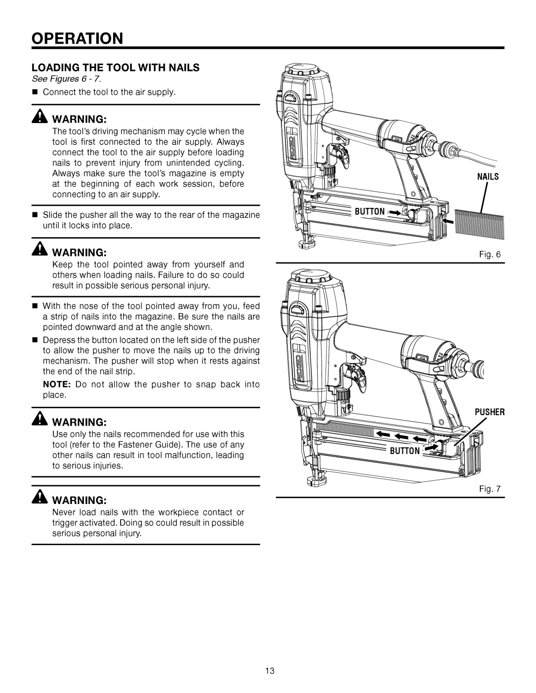 RIDGID R250SFA manual Loading the Tool with Nails, See Figures 6 