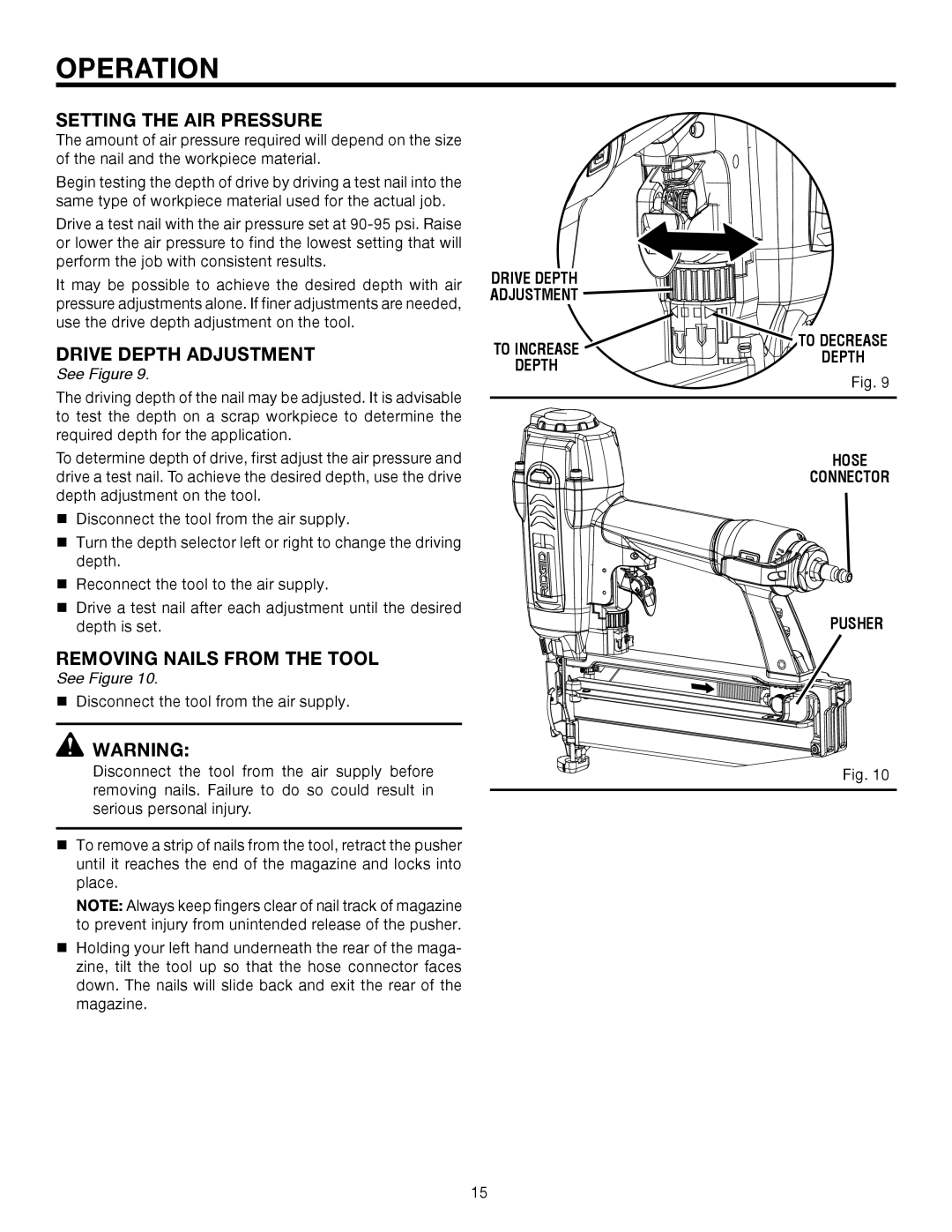 RIDGID R250SFA manual Setting the AIR Pressure, Drive Depth Adjustment, Removing Nails from the Tool 